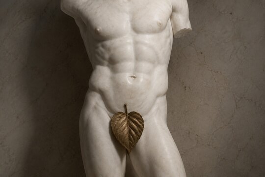 Classical marble sculpture of a male torso with bronze leaf covering.