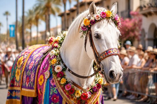 A white horse in a parade, draped with a colorful fabric caparison adorned with fresh flowers.