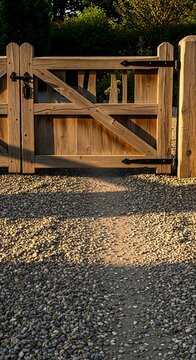 A rustic wooden gate in a gravel driveway surrounded by greenery