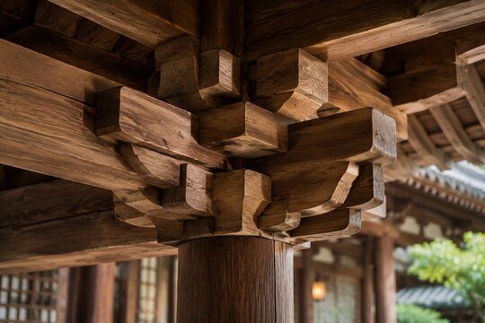 Traditional wooden post-and-beam joint in a serene temple setting.