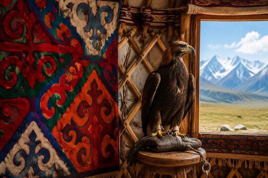 Colorful felt shyrdak rug on yurt lattice, golden eagle on glove, Central Asian nomadic concept.