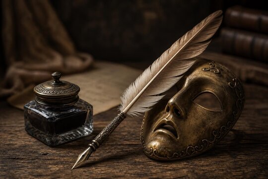 Antique feather quill and mask beside an inkwell on wood.