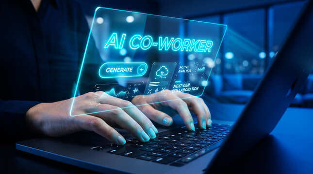 Professional working on artificial intelligence co worker software interface in modern office
