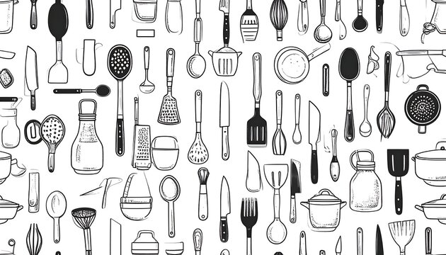 A seamless pattern of various kitchen utensils and tools in black on white