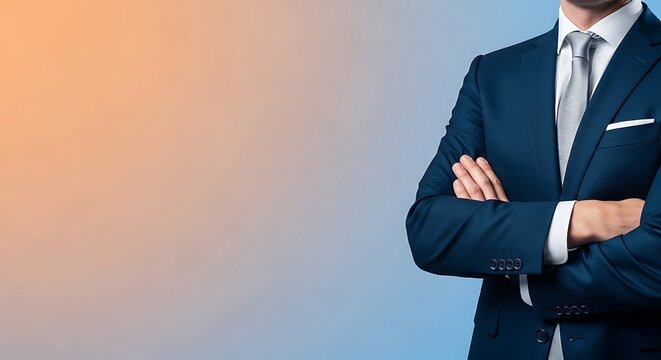 Close-up of a well-dressed person in a suit, arms crossed, gradient background