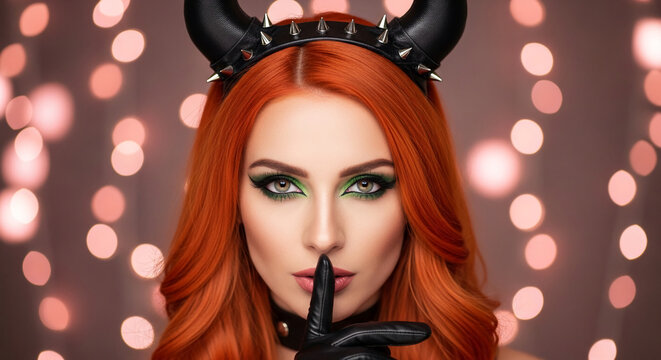 Woman with red hair wearing devil horns, striking a shushing pose against a bokeh background, symbolizing mystery and allure