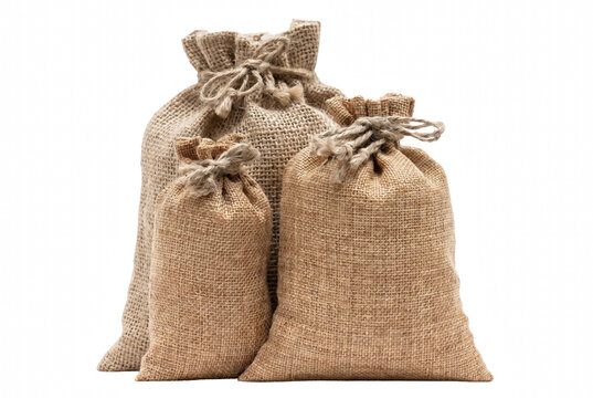 Three Rustic Burlap Sacks Tied With Twine
