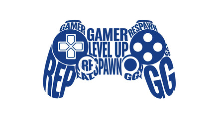 Blue gamepad silhouette formed by typographic gaming slang and words © unia