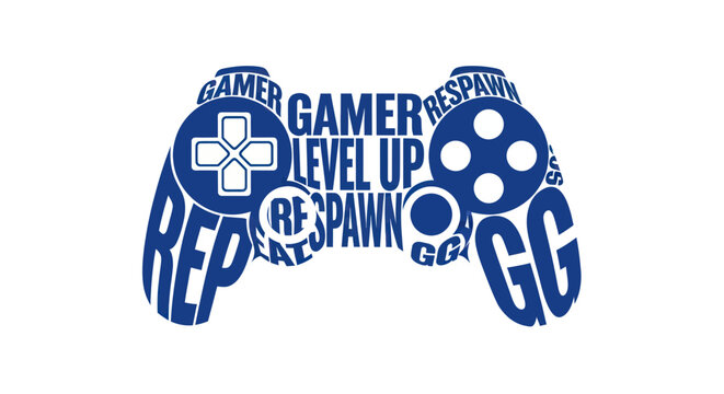 Blue gamepad silhouette formed by typographic gaming slang and words