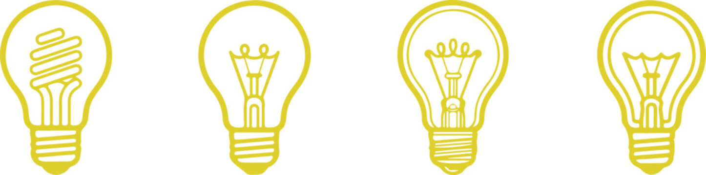 Light Bulb Icons Set with Yellow Outline Symbols and Different Filament Patterns on a Clean White Background