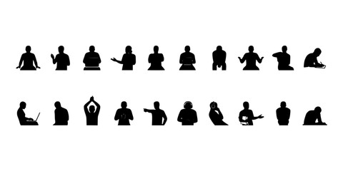 Obraz premium Silhouette Figures Icon Set for Yoga and Meditation Poses on White Background, Black Pictograms for Wellness Design