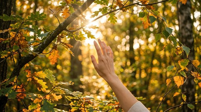 Hand touching autumn leaves in forest