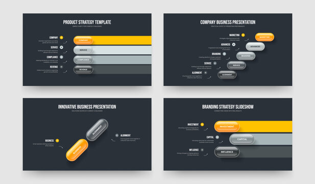 Digital Plan Four Five Two Three Step Diagram Slide Design Vector Illustration Collection. Modern Showcase 4 5 2 3 Option Infographic Presentation Template Set.