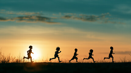 Fototapeta premium Silhouette of a row of children running together towards a bright sunset, wide copy space, generative AI