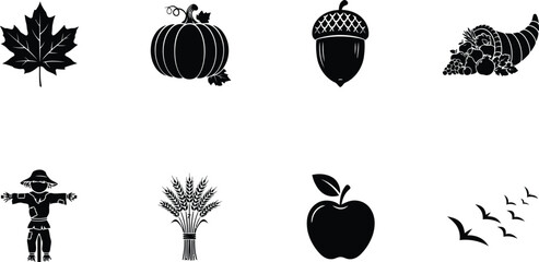 Autumn Harvest Silhouette Collection Featuring Maple Leaf Pumpkin Acorn Cornucopia Apple Wheat Scarecrow Isolated White Background Vector  © MstSaleha