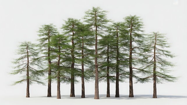 Collection of realistic pine trees isolated on white background. Evergreen conifer trees ideal for landscape architecture, forest visualization, architectural rendering, and outdoor environmental desi
