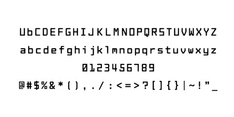Fototapeta premium Digital Display of Uppercase and Lowercase Letters, Numbers, and Symbols in a Pixelated Font Featuring Typography, Characters