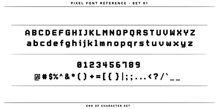 Typography Character Set on Digital Display with Uppercase Lowercase Letters and Numbers, Pixel Font Reference for Design Concept