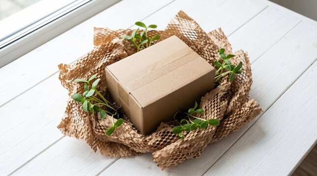 Plain cardboard box in organic honeycomb paper wrap with green plant sprouts