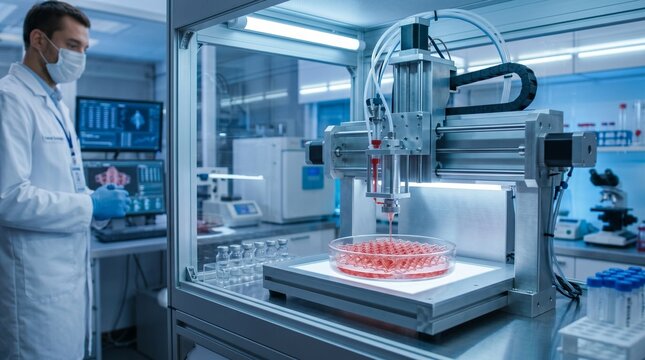 Modern 3D bioprinter actively printing tissue engineering biological scaffold in sterile lab
