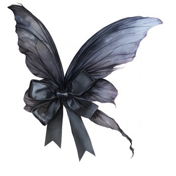 Coquette black Dark fairy wings shimmering illustration ribbon style.