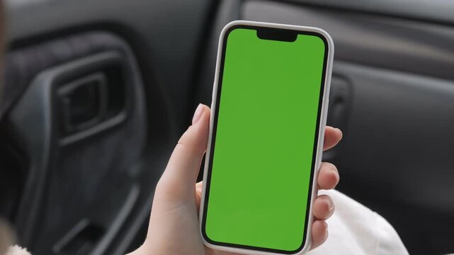 Hand holds smartphone with green screen inside car. Person wears light jacket, grips device steadily. Focus stays sharp on phone, background softly blurred. Ideal for apps, travel