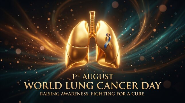 World lung cancer day awareness poster with golden lungs illustration, blue and yellow ribbon, and inspirational text on bokeh background