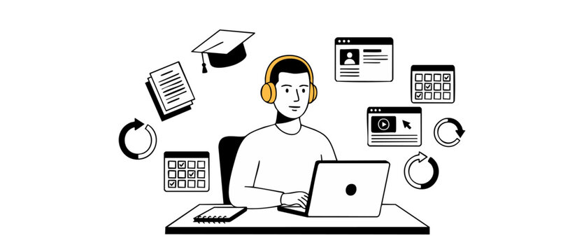 Online learning student studying laptop computer at desk with headphones for e-learning education course, managing schedule, watching video tutorials in minimalist line art vector illustration.