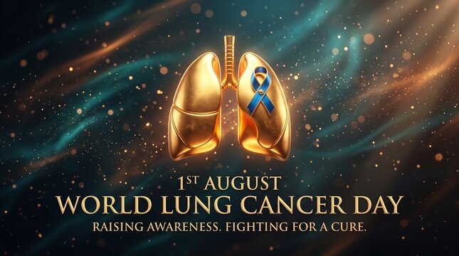 World lung cancer day awareness poster with golden lungs illustration, blue and yellow ribbon, and inspirational text on bokeh background