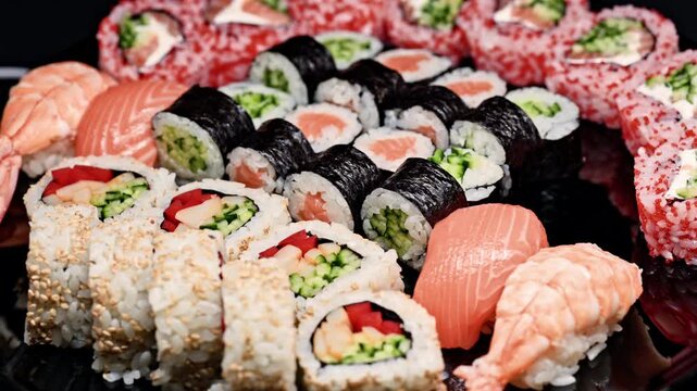 A variety of sushi rolls are placed on a black platter. Different kinds of rolls include shrimp and salmon, showcasing colorful ingredients and textures. This setup is ideal for sharing at a meal.
