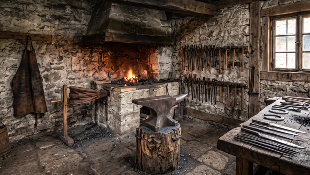 Medieval blacksmith forge workshop with anvil tools and burning hearth