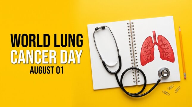 World Lung Cancer Day August banner with stethoscope and lung illustration on yellow background