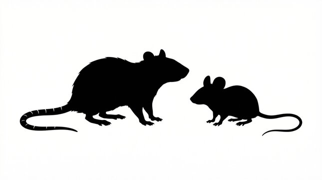 Black silhouette of mother rat and small mouse child facing each other on white background for nature illustration