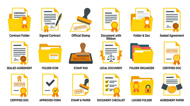 Document Icons: Contracts, Agreements, Folders, Stamps, Certificates, Legal Forms