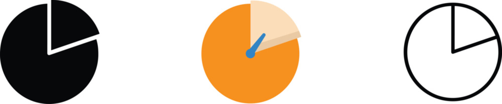 Pie chart icons set showing divided circles for business data presentation in three styles including and colored vector symbols and circular graph