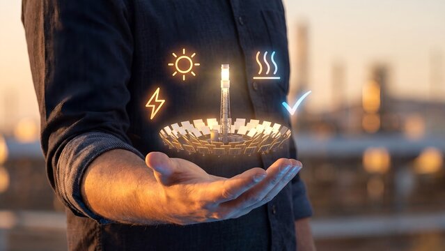 Hand holding a glowing concentrated solar power tower model with circular mirror array surrounded by sun energy and heat icons representing renewable thermal energy concept at sunset