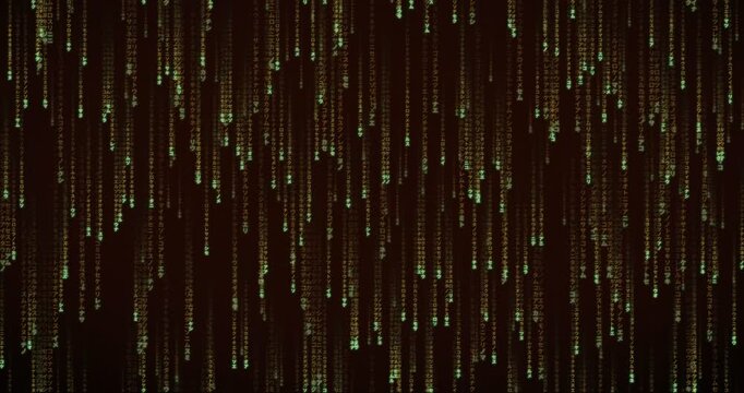 Animated matrix rain video features dense streams of Japanese katakana code in amber tones, creating a radiant mainframe aesthetic with layered parallax movement.