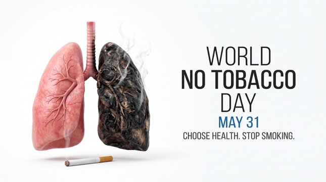 World No Tobacco Day medical concept, healthy pink lung versus black smoker lung, anti-smoking awareness poster with cigarette on white background
