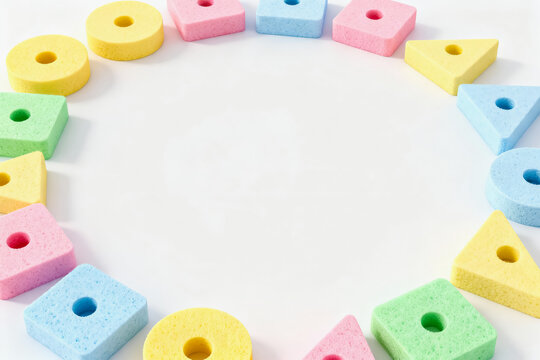Colorful geometric toy blocks with holes form a circular frame on a plain white background, ideal for early childhood education.