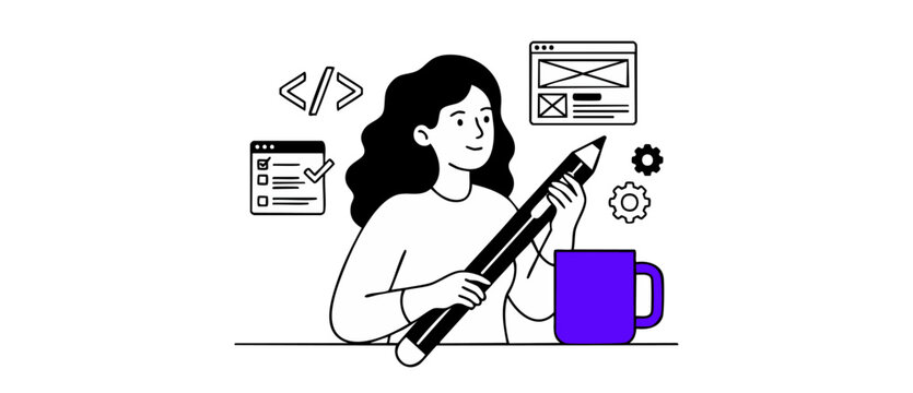 Female software developer coding illustration representing web design workflow, UX UI development process, programmer woman holding giant pencil near mug and code icons, vector line art background.