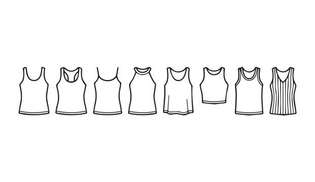 Various tank top styles arranged in a row on a white background