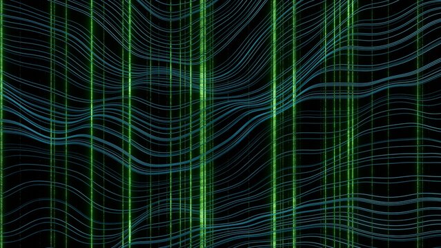 Abstract 3D digital green lines background. Clean horizontal fiber optic wavy data tracks with glowing aqua light bands representing cloud telemetry and network matrix infrastructure.