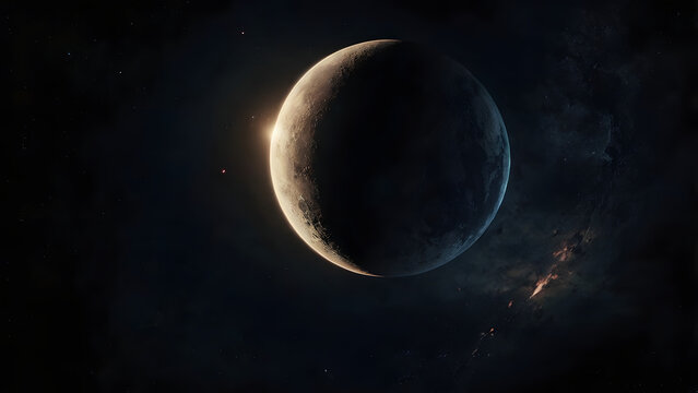 Dark Crescent Planet Illuminated by Distant Sunlight Against a Dramatic Deep Space Background