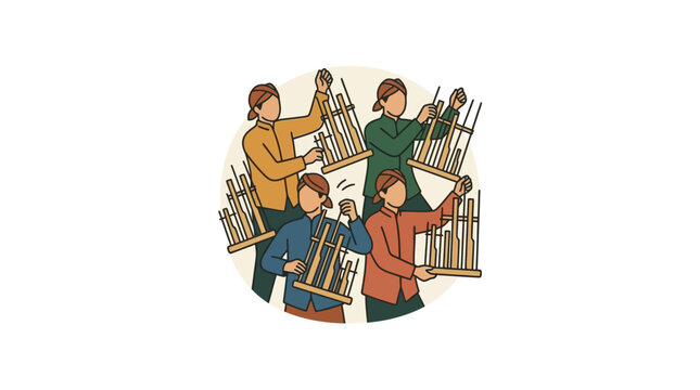Circular illustration of a group playing Indonesian bamboo angklung.