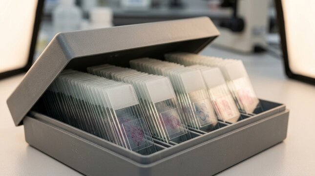 Open Glass Slide Storage Box with Prepared Microscope Slides