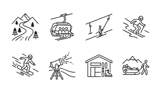 Winter sports icons showing ski slopes cable cars snowboarders and mountain resort elements