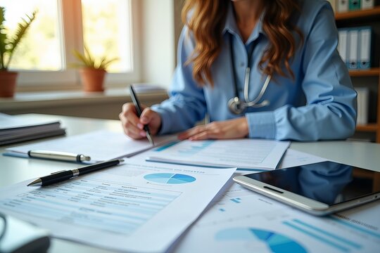 Portrait of a Medical Billing Specialist at a Neat Desk, Analyzing Financial Reports Surrounded by Spreadsheets and Compliance Checklists with a Commitment to Accuracy