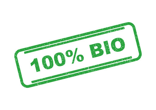 Green rubber stamp style icon with 100 percent bio text
