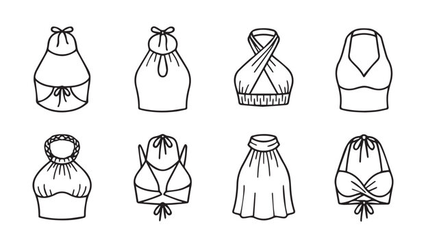 Various bikini tops and halter necklines drawn in simple outline style