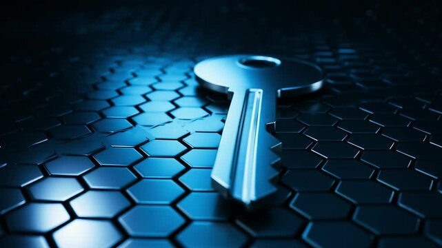 Silver key on a dark hexagonal surface with blue lighting, cybersecurity and digital access control concept